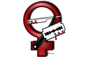 Razor Blade with Blood Strains in front of a female symbol: Symbol for FGM