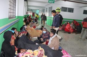 Scene from Earthquake in Nepal, people in shelter