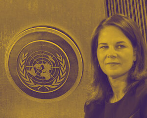 H.E. Annalena Baerbock, President of the UNGA. The image was placed against the backdrop of the UNGA and changed to a golden colour. Original by Steffen Prößdorf, CC BY-SA 4.0 , via Wikimedia Commons