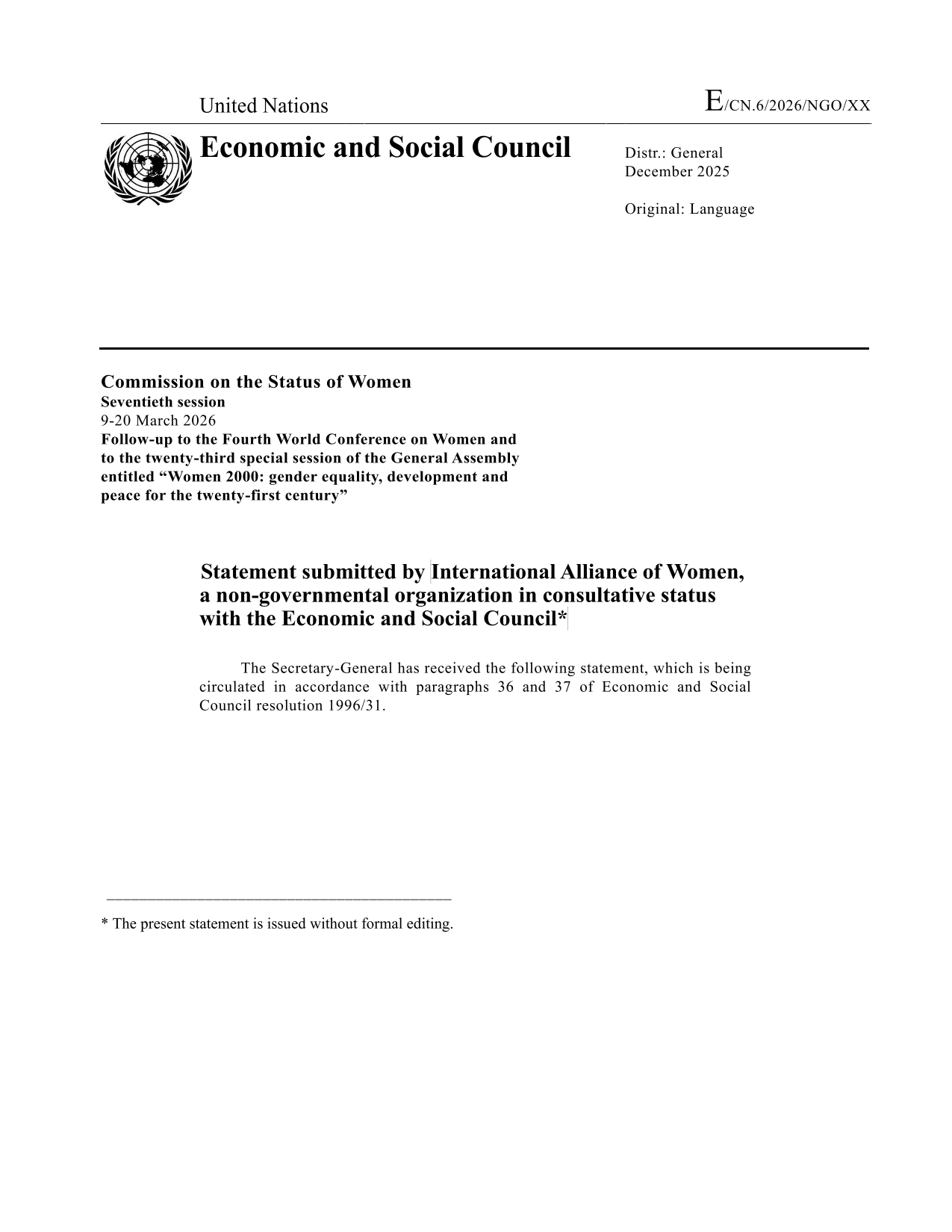 Front page of IAW Written Statement CSW70